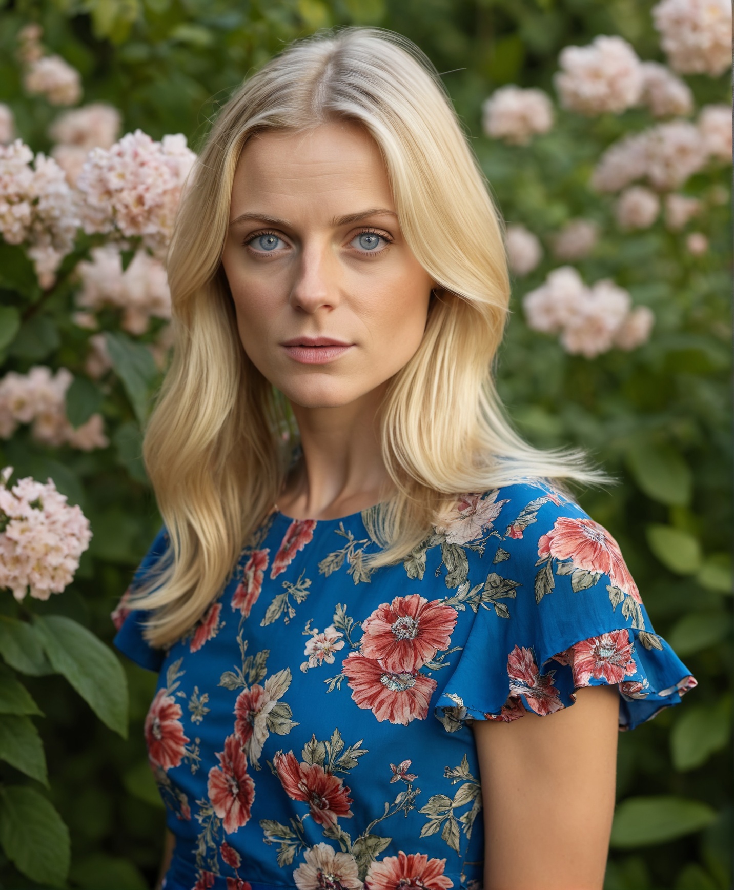 of 35 year old blonde European woman with blue eyes,  wearing floral dress on Tensor.Art