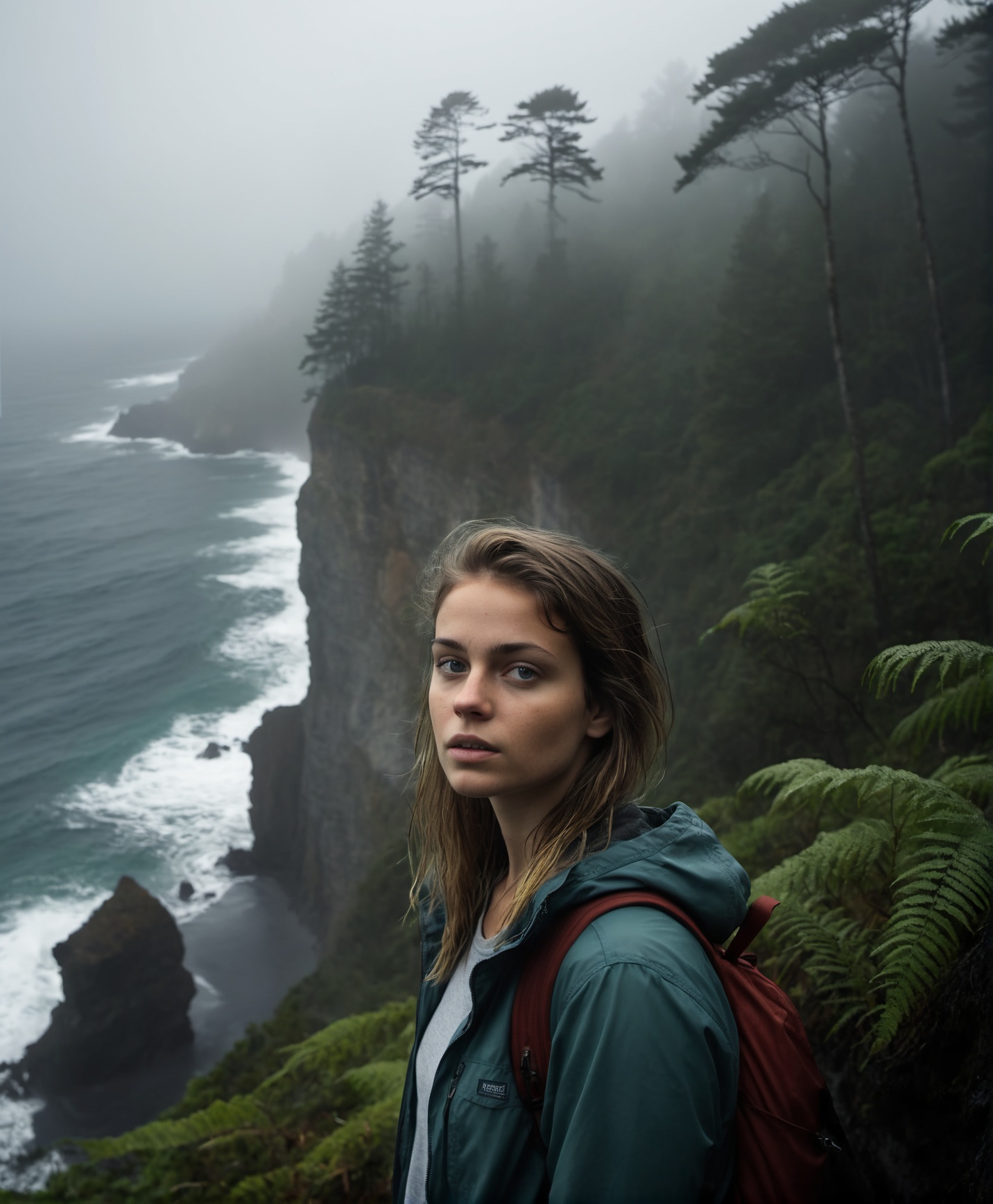 of Young ***** on cliff front side raining ocean at bottom of cliff dark foggy forest background,  mythical view of girls...