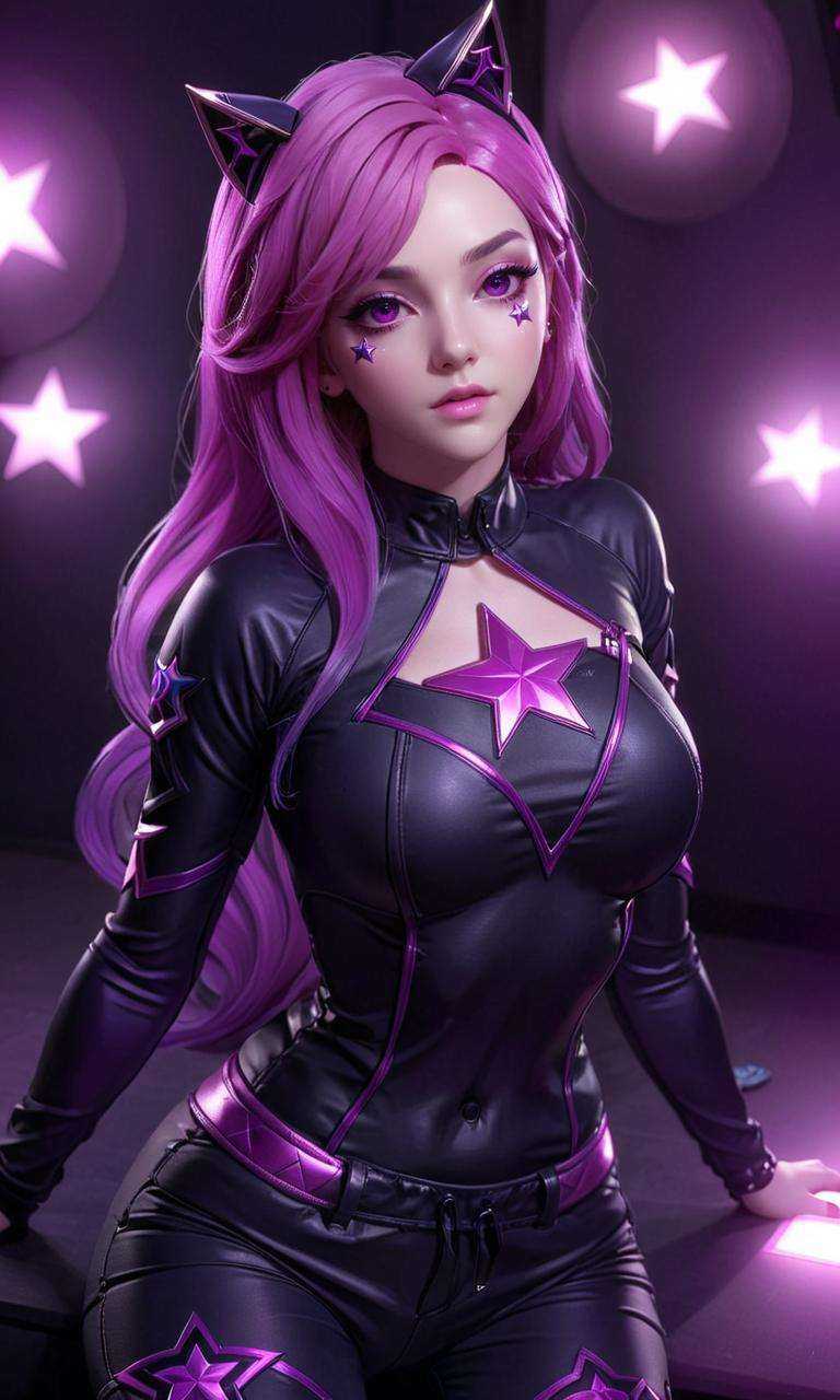 best quality,masterpiece,realistic,full body,1girl,pink hair,k/da \(league of legends\),3D graphics,there is a star below the left eye,<lora:MIAOKA_KDA_XL-000008:0.8>,from below,pentagram,Rashguard