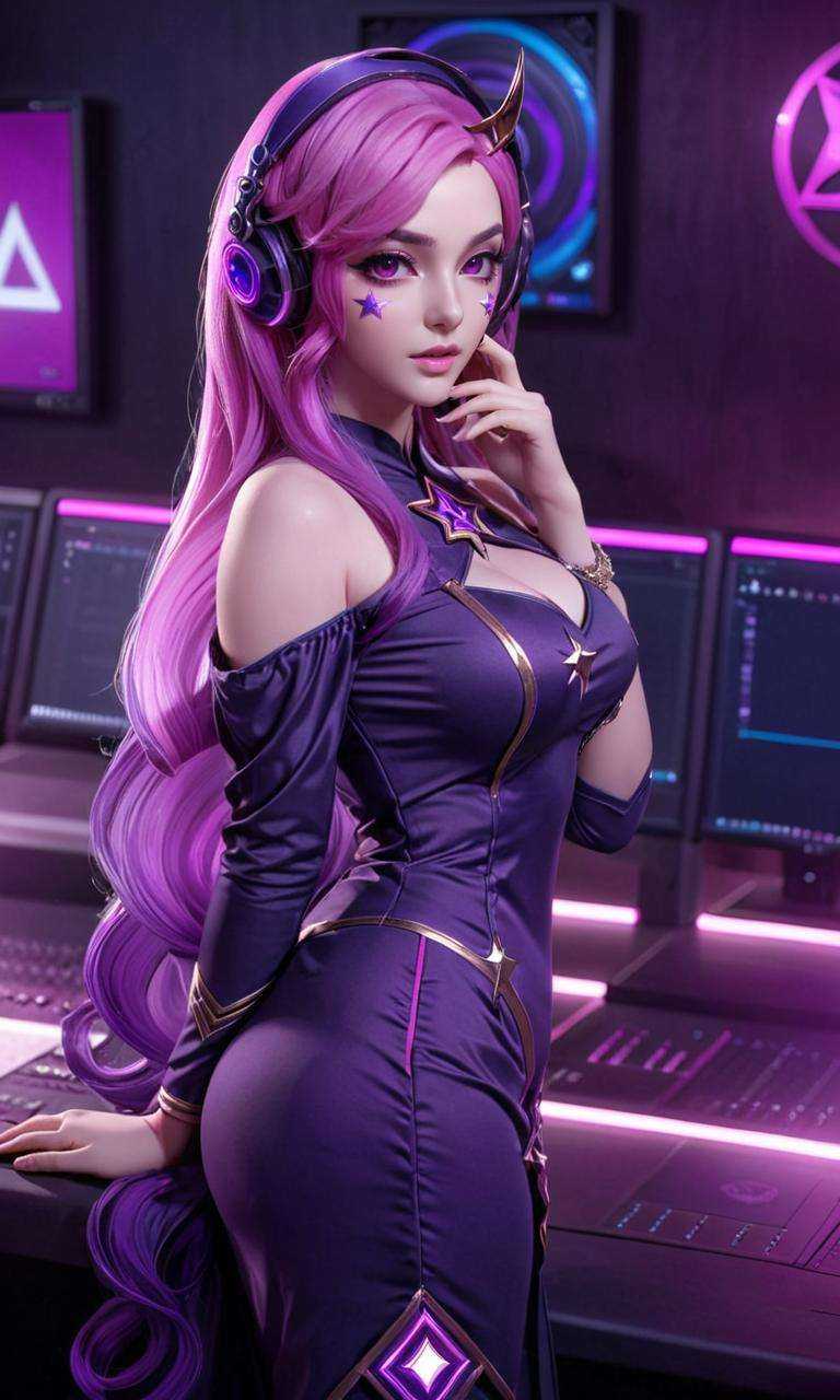 best quality,masterpiece,realistic,full body,1girl,pink hair,k/da \(league of legends\),3D graphics,there is a star below the left eye,<lora:MIAOKA_KDA_XL-000008:0.8>,Salwar Kameez,﻿from outside,science fiction,