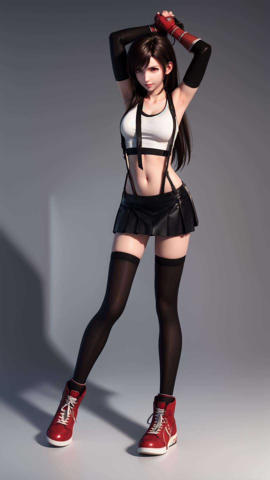 best quality,masterpiece,realistic,3D graphics,1girl,tifa lockhart,solo,thighhighs,skirt,suspenders,long hair,crop top,gloves,red footwear,suspender skirt,black thighhighs,fingerless gloves,full body,**** top,black skirt,midriff,navel,elbow gloves,boots,black hair,white **** top,clenched hands,brown eyes,brown hair,full body,red eyes,<lora:MIAOKA_tifa:0.8>,arms up,