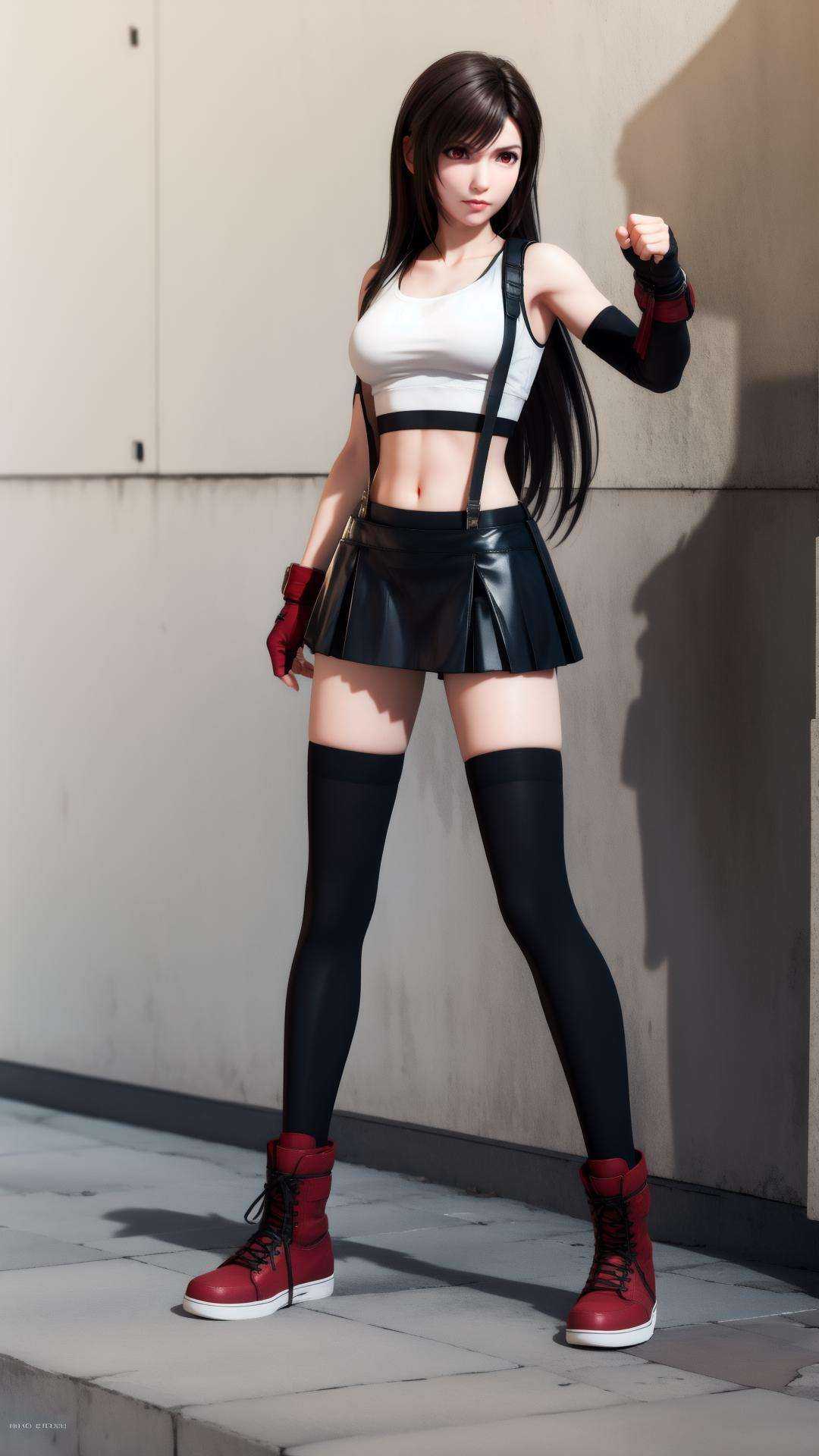 best quality,masterpiece,realistic,3D graphics,1girl,tifa lockhart,solo,thighhighs,skirt,suspenders,long hair,crop top,gloves,red footwear,suspender skirt,black thighhighs,fingerless gloves,full body,**** top,black skirt,midriff,navel,elbow gloves,boots,black hair,white **** top,clenched hands,brown eyes,fighting stance,brown hair,full body,red eyes,<lora:MIAOKA_tifa:0.8>,