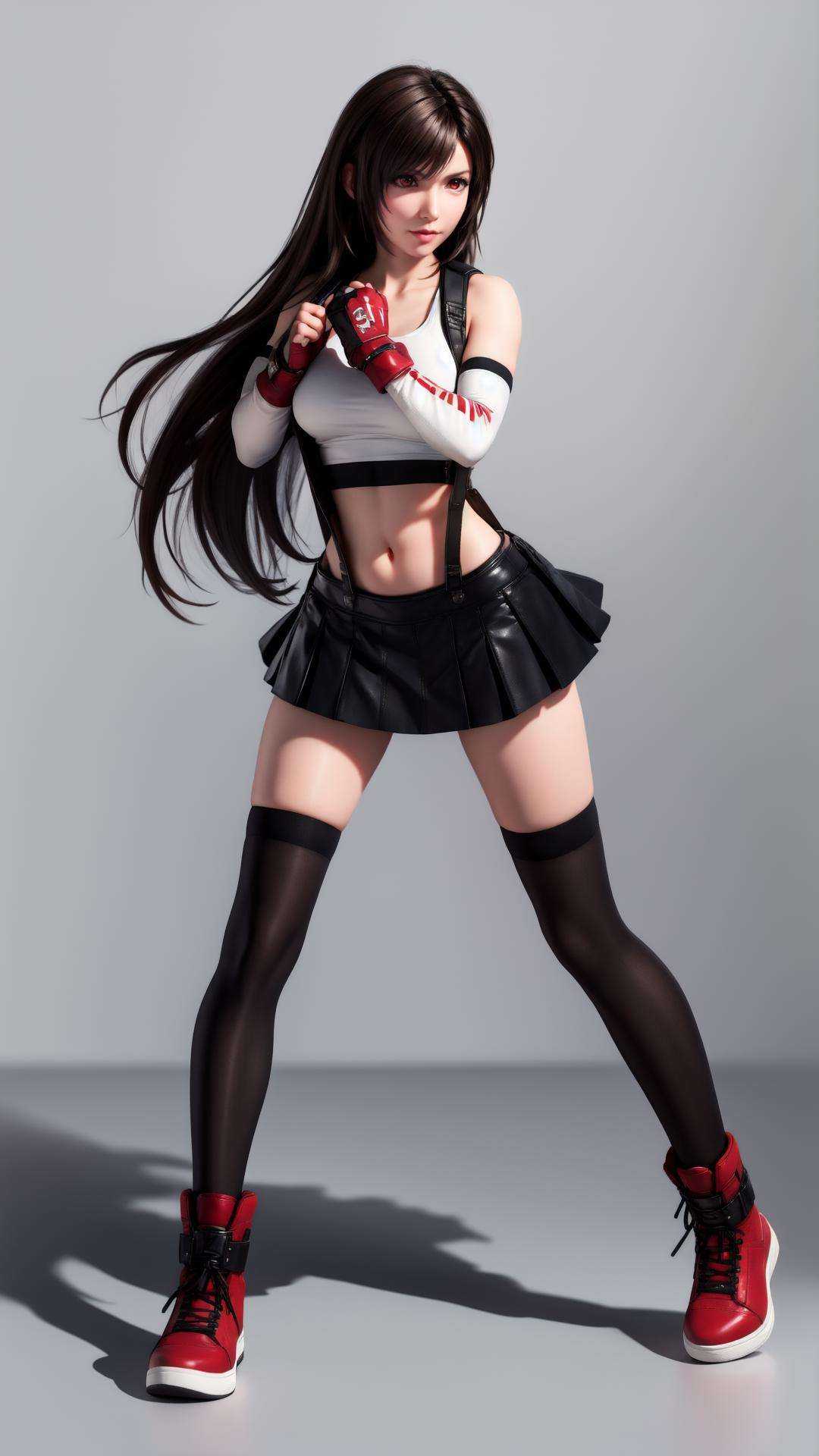 1girl, tifa lockhart, solo, thighhighs, skirt, suspenders, long hair, crop top, gloves, red footwear, suspender skirt, black thighhighs, fingerless gloves, full body, **** top, black skirt, midriff, navel, elbow gloves, boots, black hair, white **** top, clenched hands, brown eyes, fighting stance, brown hair<lora:MIAOKA_tifa:0.8>,full body,red eyes,