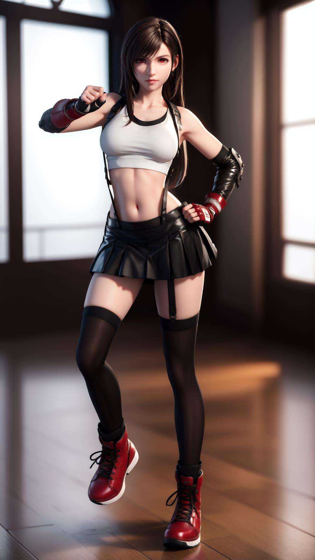 best quality,masterpiece,realistic,3D graphics,1girl,tifa lockhart,solo,thighhighs,skirt,suspenders,long hair,crop top,gloves,red footwear,suspender skirt,black thighhighs,fingerless gloves,full body,**** top,black skirt,midriff,navel,elbow gloves,boots,black hair,white **** top,clenched hands,brown eyes,fighting stance,brown hair,full body,red eyes,<lora:MIAOKA_tifa:0.8>,