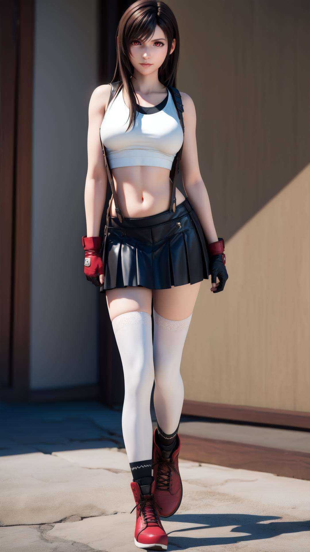best quality,masterpiece,realistic,3D graphics,1girl,tifa lockhart,solo,thighhighs,skirt,suspenders,long hair,crop top,gloves,red footwear,suspender skirt,black thighhighs,fingerless gloves,full body,**** top,black skirt,midriff,navel,elbow gloves,boots,black hair,white **** top,clenched hands,brown eyes,brown hair,full body,red eyes,<lora:MIAOKA_tifa:0.8>,kamina pose,
