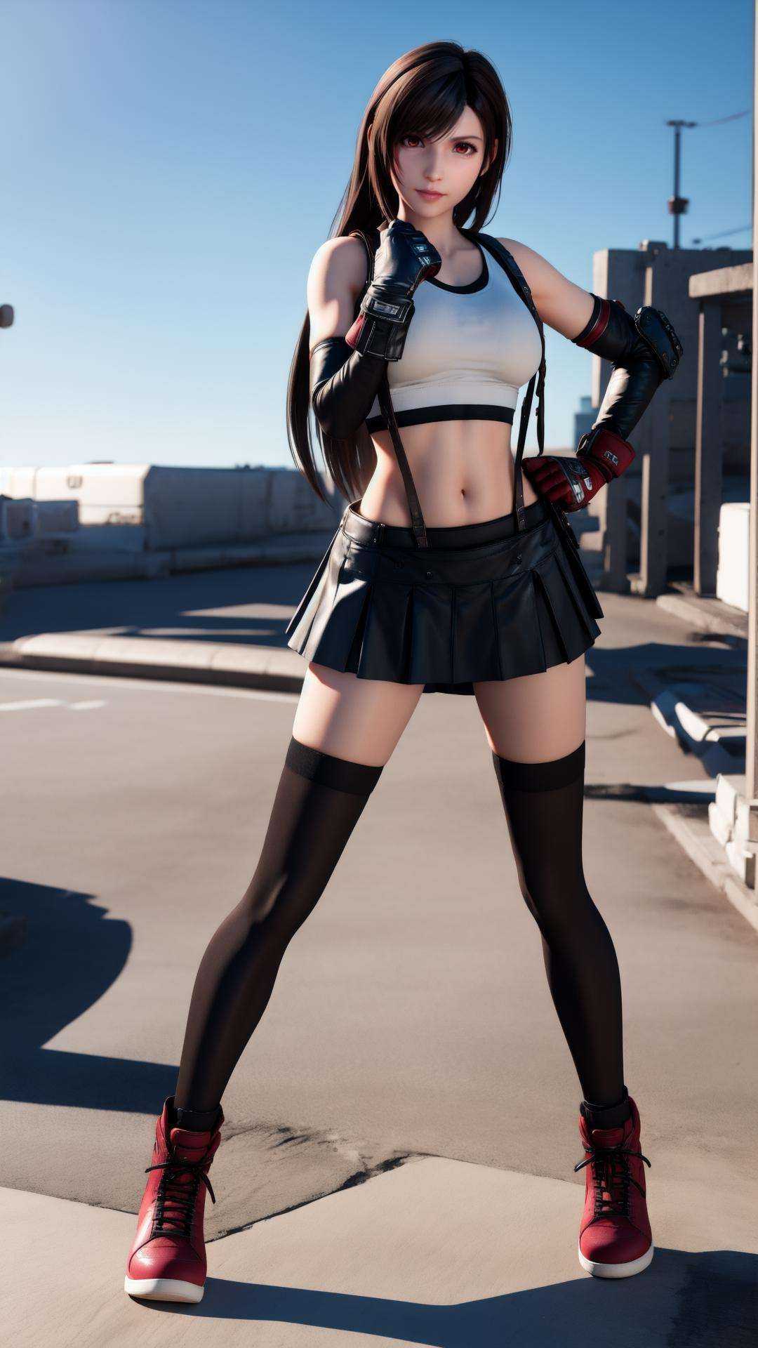 best quality,masterpiece,realistic,3D graphics,1girl,tifa lockhart,solo,thighhighs,skirt,suspenders,long hair,crop top,gloves,red footwear,suspender skirt,black thighhighs,fingerless gloves,full body,**** top,black skirt,midriff,navel,elbow gloves,boots,black hair,white **** top,clenched hands,brown eyes,fighting stance,brown hair,full body,red eyes,<lora:MIAOKA_tifa:0.8>,