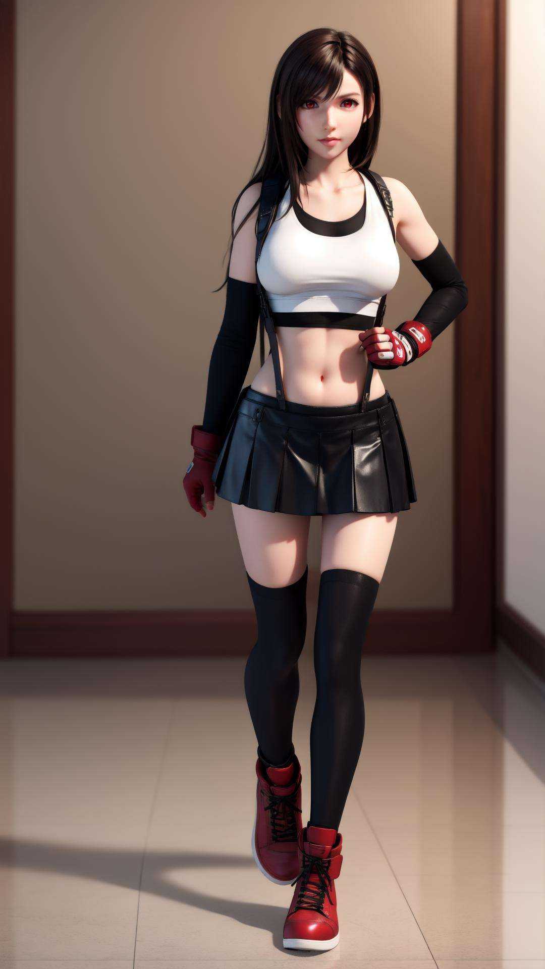best quality,masterpiece,realistic,3D graphics,1girl,tifa lockhart,solo,thighhighs,skirt,suspenders,long hair,crop top,gloves,red footwear,suspender skirt,black thighhighs,fingerless gloves,full body,**** top,black skirt,midriff,navel,elbow gloves,boots,black hair,white **** top,clenched hands,brown eyes,brown hair,full body,red eyes,<lora:MIAOKA_tifa:0.8>,heart tail duo,
