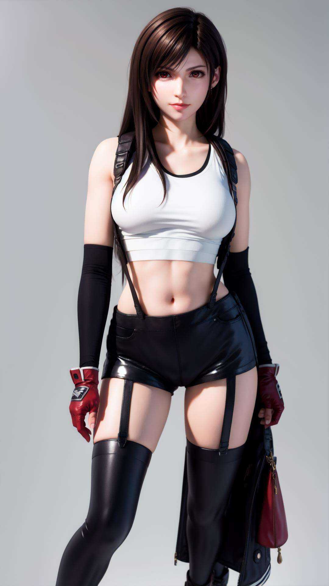 best quality,masterpiece,realistic,masterpiece,best quality,official art,extremely detailed CG unity 8k wallpaper,1girl,tifa lockhart,solo,gloves,earrings,jewelry,long hair,fingerless gloves,realistic,adjusting gloves,brown hair,**** top,brown eyes,lips,suspenders,breasts,<lora:MIAOKA_tifa:0.8>,full body,tifa lockhart,red eyes,