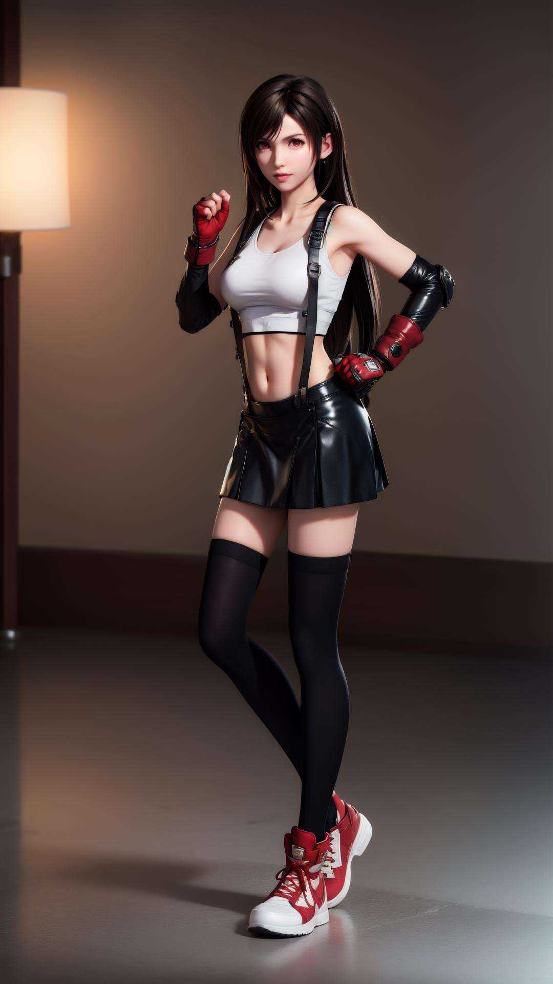1girl,tifa lockhart,solo,thighhighs,skirt,suspenders,long hair,crop top,gloves,red footwear,suspender skirt,black thighhighs,fingerless gloves,full body,**** top,black skirt,midriff,navel,elbow gloves,boots,black hair,white **** top,clenched hands,brown eyes,fighting stance,brown hair,<lora:MIAOKA_tifa:0.8>,full body,red eyes,arena,