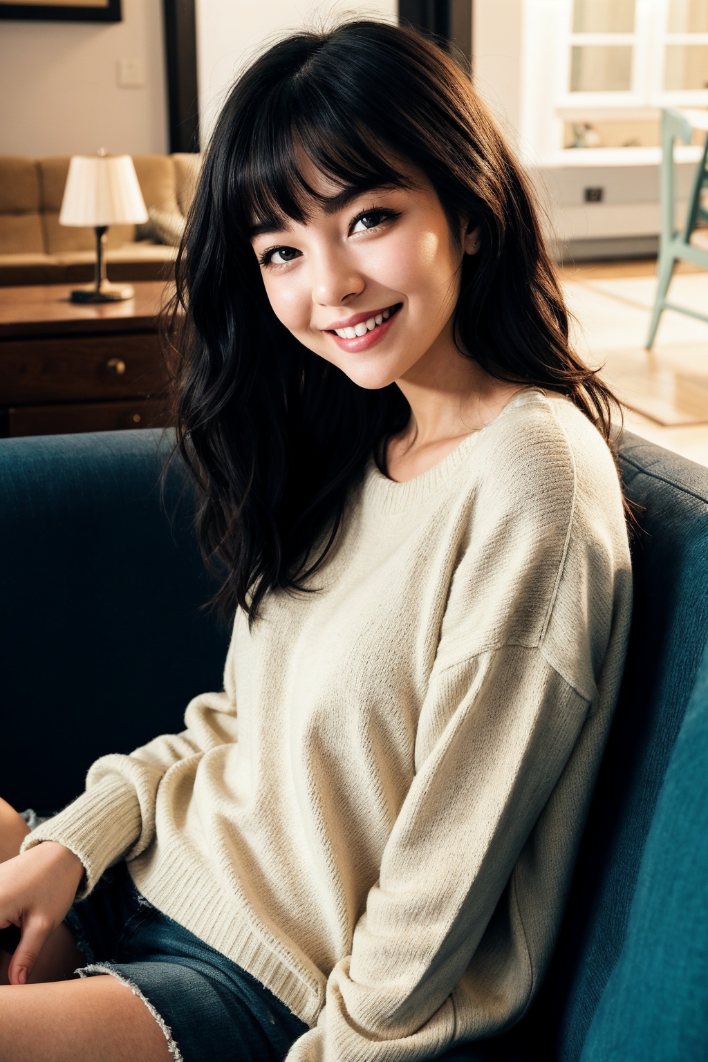 (masterpiece), night, indoors, living room, couch, 1girl, black hair, medium hair, wavy hair, sweater, smile