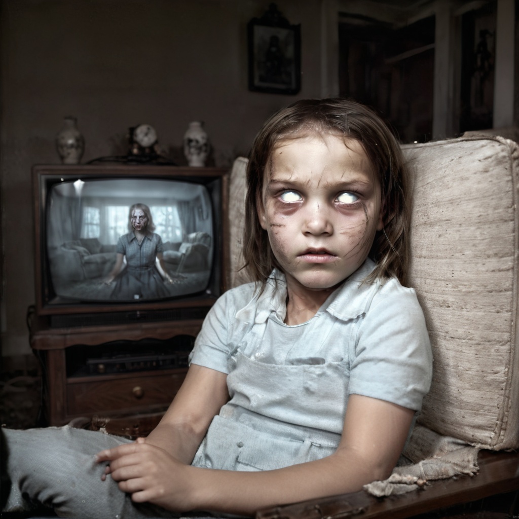 ((photorealistic)),  Professional photo of a (Girl with ascreen full of static on a television),  Living room by Rayna Pol...