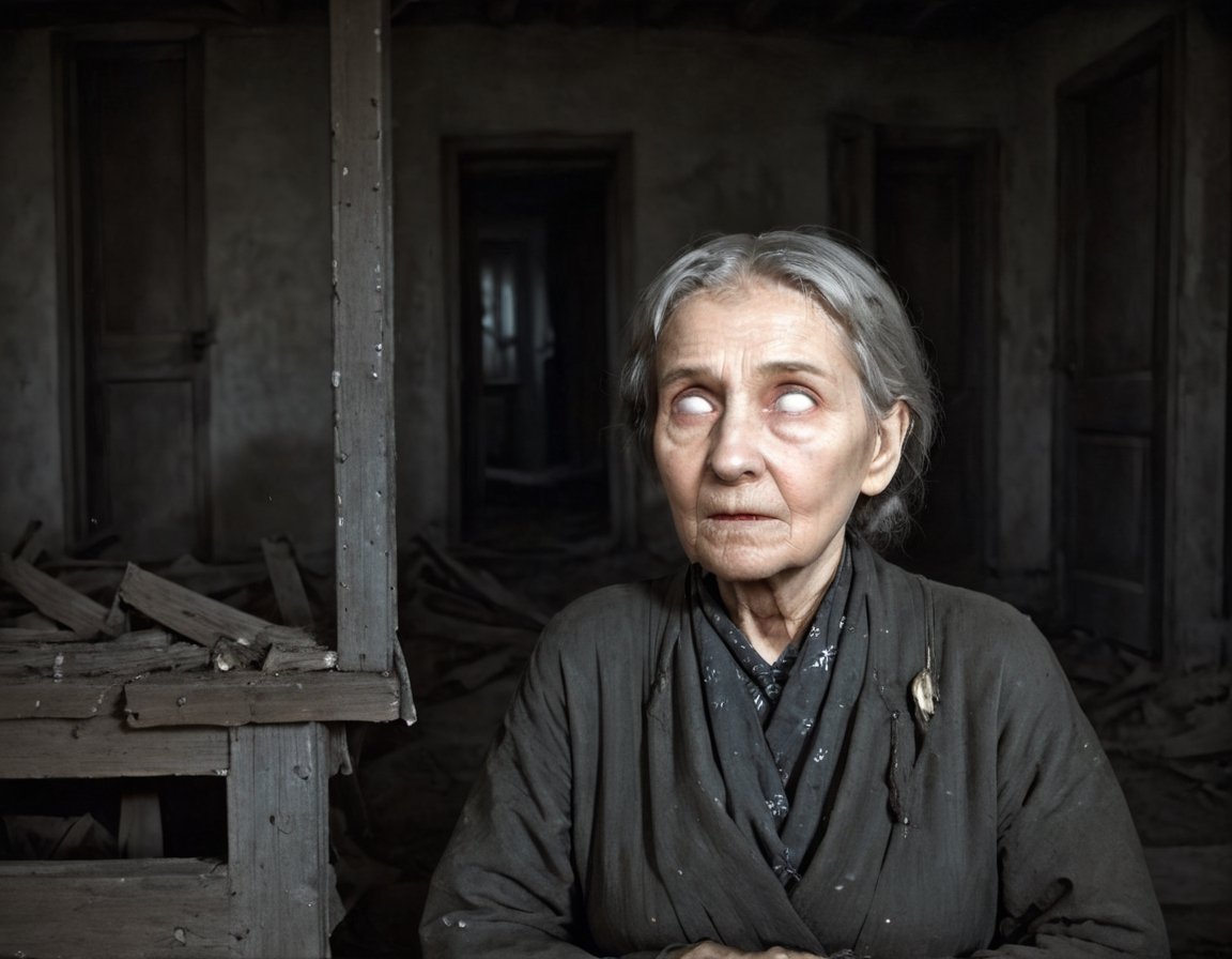 cinematic film still,  close up,  old woman alone in a crumbling abaondoned house by Rayna Polsky on Tensor.Art