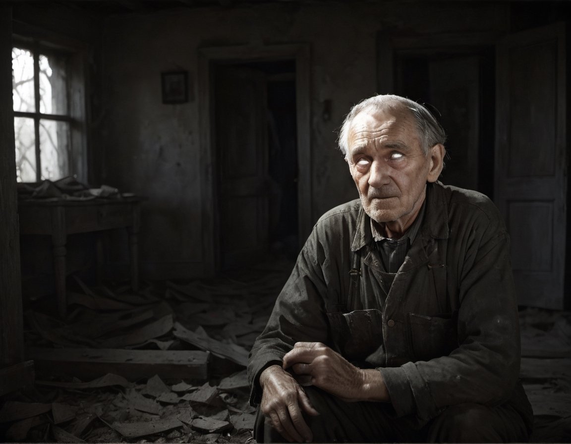 cinematic film still,  close up,  old man alone in a crumbling abaondoned house by Rayna Polsky on Tensor.Art