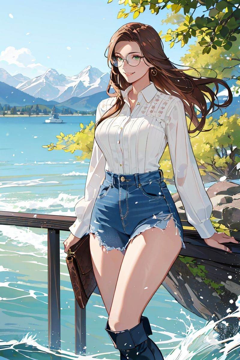 (masterpiece),(best quality),highres,incredibly absurdres,absurdres,very_high resolution,original,intricate details,hyper detail,ultra-detailed,exquisite detailed,extremely delicate,illustration,chromatic aberration,film grain,cinematic,bokeh,caustics,emphasis lines,extremely detailed CG,unity 8k wallpaper,(1girl),shiny hair,glossy hair,sharp_eyelid,eyeliner,eyelashes,eyeshadow,tall female,mature female,*******,perfect detailed face,lips,(lipgloss),feminine proportions,skinny,toned,slim,wide hips,curvy,large_breasts,perky_breasts,shiny skin,glossy skin,(long legs),cropped legs,cowboy shot,knee,(detailed beautiful scene),scenery,landscape,bloom,picturesque,UHD wallpaper,HDR,global illumination,volumetric light,wavy hair,forehead,parted bangs,lateral view,long hair,hair behind ear,brown hair,(floating hair:1.2),green eyes,smile,light smile,grin,jeans,buttons,long sleeves,white blouse,earrings,knee boots,black footwear,smartwatch,flower,sunlight,park,plant,nature,outdoors,lake,pavement,mountainous horizon,clear sky,motion blur,waves,tree,<lora:细边圆框眼镜thinRoundGlasses_v11:0.6>,(round eyewear),glasses,circle-glasses,<lora:yukiyoshi mamizu-03:0.8>, yukiyoshi mamizu,sketch,flat color,