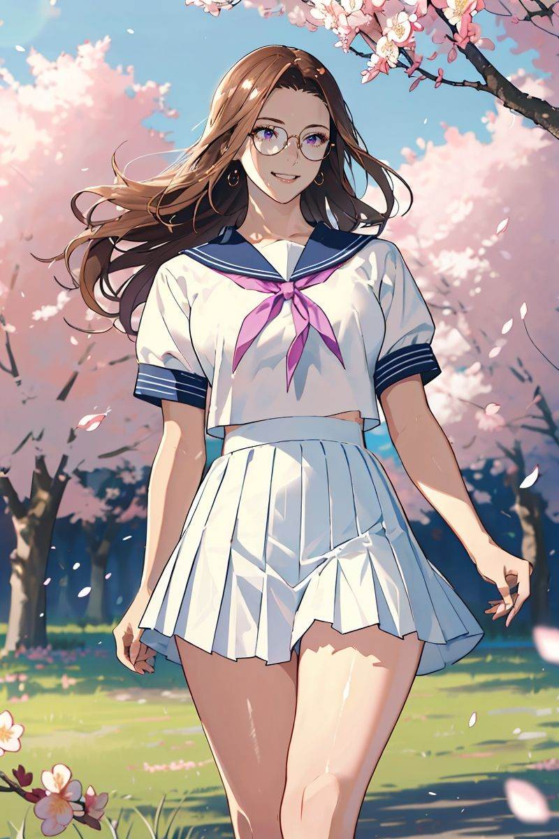 (masterpiece),(best quality),highres,incredibly absurdres,absurdres,very_high resolution,original,intricate details,hyper detail,ultra-detailed,exquisite detailed,extremely delicate,illustration,chromatic aberration,film grain,cinematic,bokeh,caustics,emphasis lines,extremely detailed CG,unity 8k wallpaper,(1girl),shiny hair,glossy hair,sharp_eyelid,eyeliner,eyelashes,eyeshadow,tall female,mature female,*******,perfect detailed face,lips,(lipgloss),feminine proportions,skinny,toned,slim,wide hips,curvy,large_breasts,perky_breasts,shiny skin,glossy skin,(long legs),cropped legs,cowboy shot,knee,(detailed beautiful scene),scenery,landscape,bloom,picturesque,UHD wallpaper,HDR,global illumination,volumetric light,wavy hair,forehead,parted bangs,lateral view,long hair,brown hair,(floating hair:1.2),motion blur,dynamic pose,looking away,running,purple eyes,smile,grin,bare legs,sailor collar,white shirt,pleated skirt,grey skirt,short sleeves,neck ribbon,outdoors,tree,day,sunlight,grass,plum blossoms,cherry blossoms,road,nature,(round eyewear),glasses,circle-glasses,<lora:yukiyoshi mamizu-03:0.8>,yukiyoshi mamizu,sketch,flat color,<lora:cozy anime:0.2>,<lora:动画场景Loracozy animation scenes:0.2>,