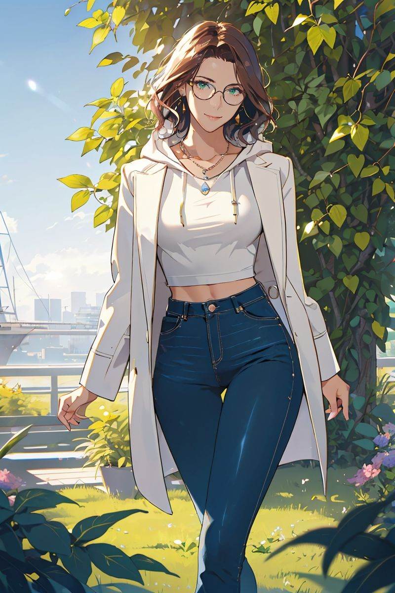 (masterpiece),(best quality),highres,incredibly absurdres,absurdres,very_high resolution,original,intricate details,hyper detail,ultra-detailed,exquisite detailed,extremely delicate,illustration,(chromatic aberration),(film grain),(cinematic),(bokeh),(caustics),extremely detailed CG,unity 8k wallpaper,(1girl),(solo),solo_focus,shiny hair,glossy hair,sharp_eyelid,eyeliner,eyelashes,eyeshadow,mature female,milf,tall female,realistic,*******,perfect detailed face,lips,(lipgloss),feminine proportions,skinny,toned,slim,wide hips,curvy,large_breasts,perky_breasts,shiny skin,glossy skin,(long legs),cropped legs,cowboy shot,(detailed beautiful scene),scenery,landscape,bloom,picturesque,UHD wallpaper,HDR,global illumination,volumetric light,8k unity render,octane render,artstation,concept art,studio light,lens_flare,wavy hair,parted bangs,brown hair,medium hair,bobcut,green eyes,smile,light smile,black_pants,open clothes,open jacket,white_hooded_jacket,long sleevespink_shirt,t-shirt,(silver glasses),necklace,flower,sunlight,vines,ivy,plant,nature,outdoors,house,town,day,arms behind back,walking,(round eyewear),glasses,circle-glasses,<lora:yukiyoshi mamizu-03:0.8>,yukiyoshi mamizu,sketch,flat color,<lora:cozy anime:0.2>,<lora:动画场景Loracozy animation scenes:0.2>,
