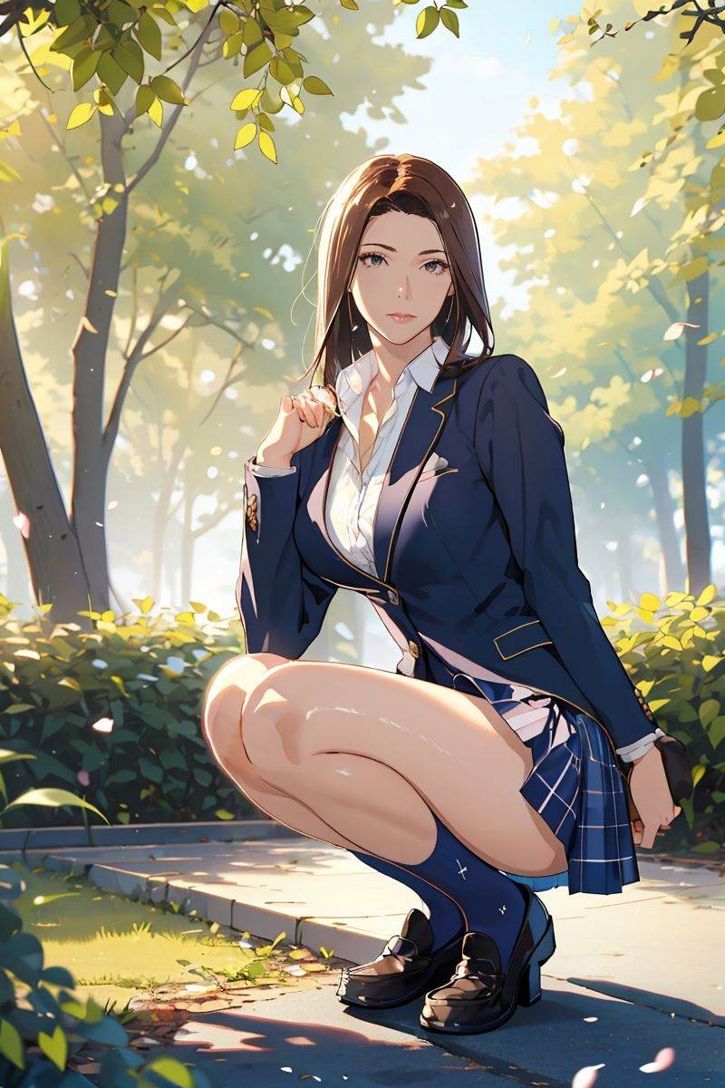 (masterpiece),(best quality),highres,incredibly absurdres,absurdres,very_high resolution,original,intricate details,hyper detail,ultra-detailed,exquisite detailed,extremely delicate,illustration,(chromatic aberration),(film grain),(cinematic),(bokeh),(caustics),extremely detailed CG,unity 8k wallpaper,(1girl),(solo),solo_focus,shiny hair,glossy hair,sharp_eyelid,eyeliner,eyelashes,eyeshadow,mature female,milf,tall female,realistic,*******,perfect detailed face,lips,(lipgloss),feminine proportions,skinny,toned,slim,wide hips,curvy,large_breasts,perky_breasts,shiny skin,glossy skin,(long legs),cropped legs,cowboy shot,(detailed beautiful scene),scenery,landscape,bloom,picturesque,UHD wallpaper,HDR,global illumination,volumetric light,8k unity render,octane render,artstation,concept art,studio light,lens_flare,bangs,black_legwear,blazer,blue_legwear,brown_eyes,full_body,jacket,kneehighs,lens_flare,loafers,long_hair,long_sleeves,outdoors,plaid,plaid_skirt,pleated_skirt,school_uniform,shoes,skirt,thighs,squatting,pavement,under_tree,petals,tree,dramatic light,nature,utility pole,day,flower,brick floor,sky,outdoors,blurry,blurry background,<lora:yukiyoshi mamizu-03:0.8>,yukiyoshi mamizu,sketch,flat color,<lora:cozy anime:0.2>,<lora:动画场景Loracozy animation scenes:0.2>,