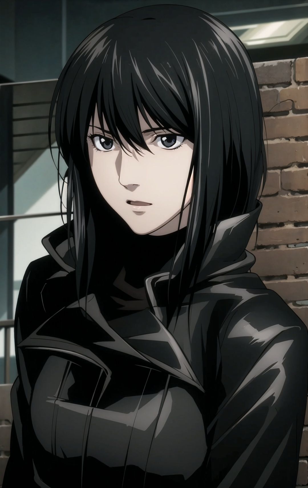  1girl, solo, long hair, black eyes, jacket, boots, (upper body:1.2), close, high_boots