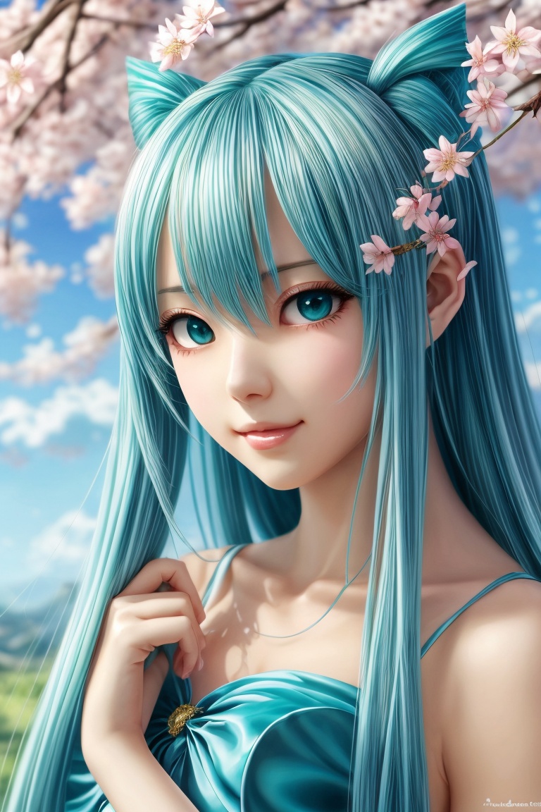 a close up of pastel Hatsune Miku with pale silver and blue highlights gradient long hair wearing a teal dress,  a beautif...