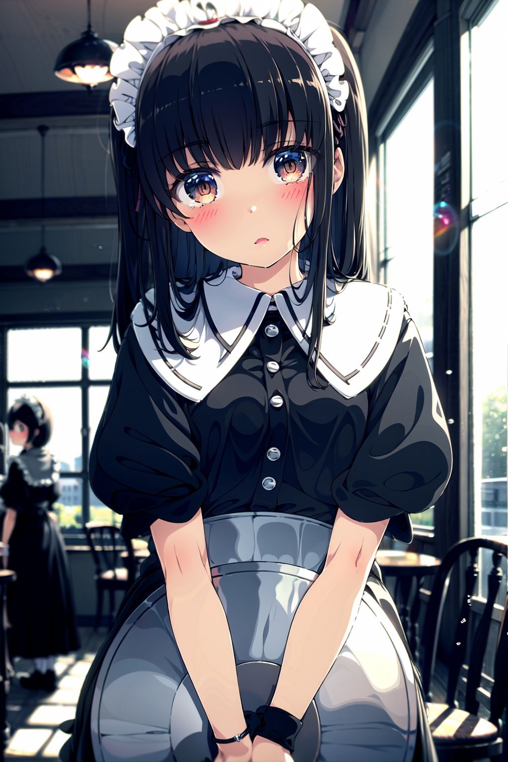  tray,blush,solo focus,holding tray,maid headdress,brown eyes,black hair,parted lips,multiple girls,looking at viewer,maid,dress,bangs,indoors,black dress,short sleeves,holding,blurry,depth of field,window,blurry background,long hair,apron,puffy sleeves,3girls,day,puffy short sleeves,wrist cuffs,collared dress,waitress,head tilt,sunlight,standing,chair,frills,shirt,sailor collar,(detailed eyes:1.5),