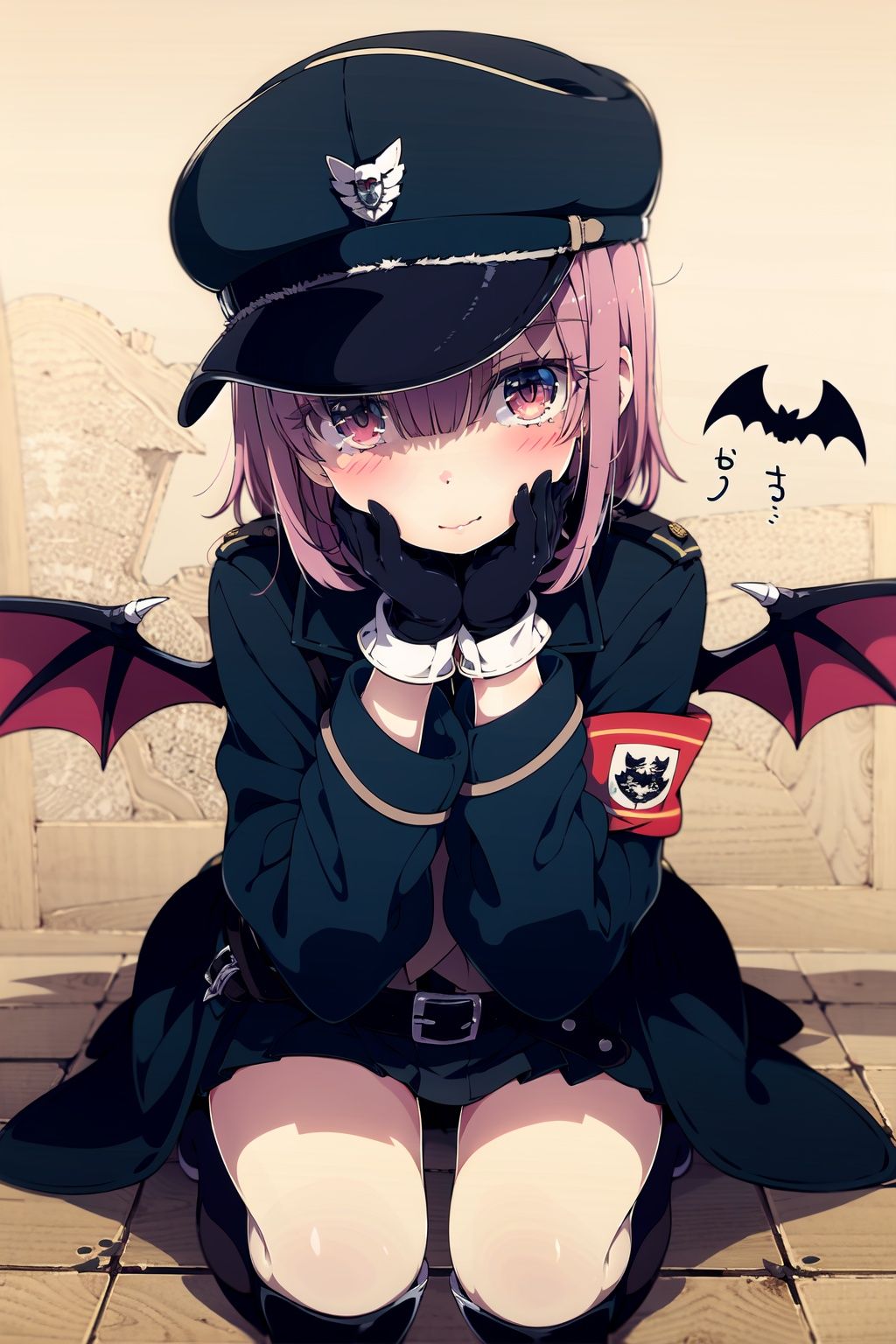  1girl, solo, hat, uniform, red eyes, remilia scarlet, military uniform, bat (animal), wings, necktie, gloves, military, alternate costume, bat wings, white gloves, belt, looking at viewer, long sleeves, boots, short hair, thighhighs, military hat, peaked cap, black necktie, adjusting clothes, hair between eyes, coat, armband, shirt, cape, black headwear, closed mouth, skirt, light purple hair, slit pupils, purple hair, black coat, thigh boots, black thighhighs,(detailed eyes:1.5),
