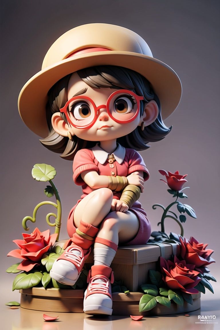 high quality,8K,a girl,in glasses,blender,3d model,the whole body,sit,wearing a hat,((rose)),(vine),cage,bandage,red rope,(detail light),falling rose petals,