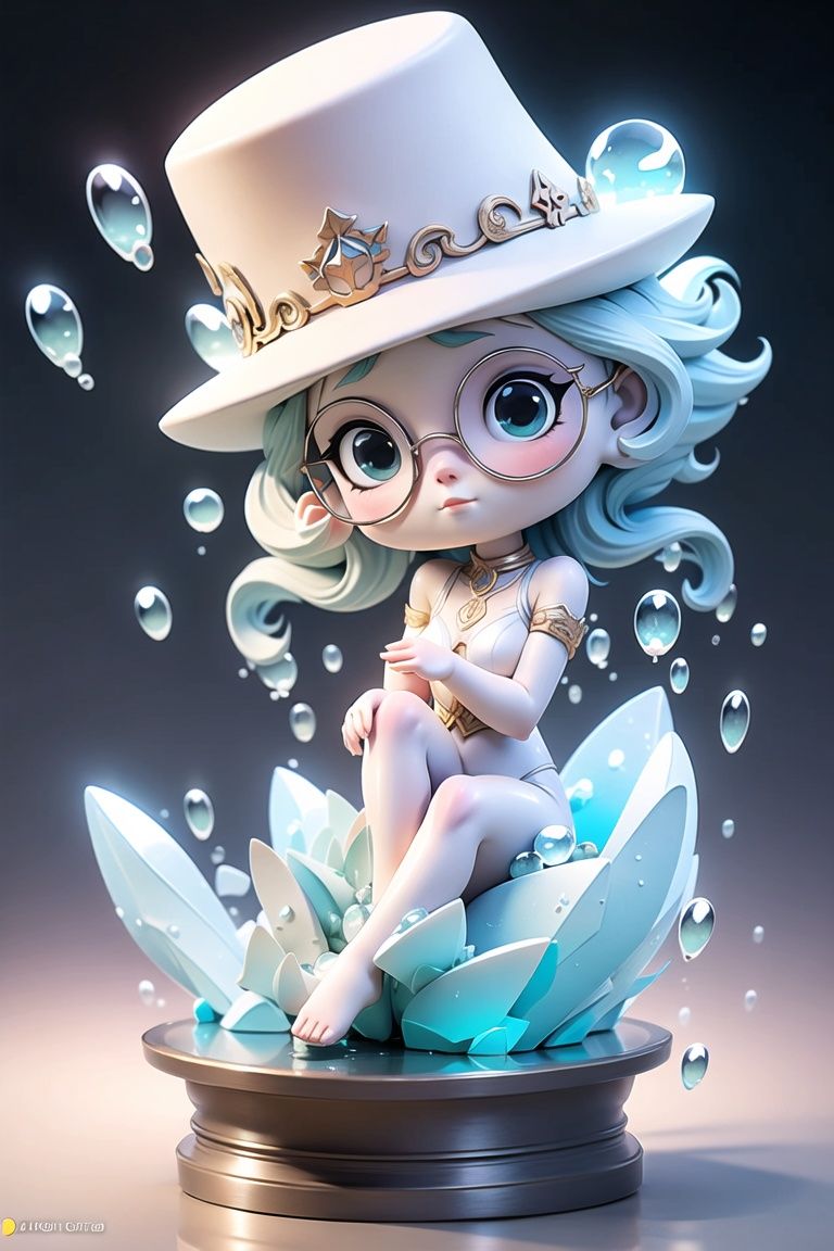 high quality,8K,a girl,in glasses,hat,blender,3d model,the whole body,sit,beautiful detailed glow,(detailed ice),beautiful detailed water,beautiful detailed glow,detailed ice,beautiful detailed water,(magic circle:1.2),(floating palaces:1.3),