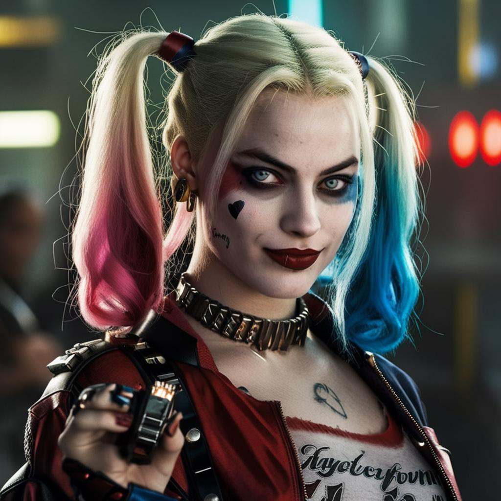 HarleyQuinn1024,  cyberpunk background,  detailed eyes on Tensor.Art