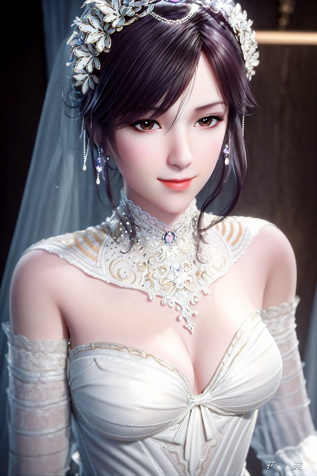 (8k, RAW photo, best quality, masterpiece:1.2),(realistic, photorealistic:1.3),ultra-detailed,extremely detailed cg 8k wallpaper,(crystalstexture skin:1.2),extremely delicate and beautiful,1girl,solo,realistic,veil,brown eyes,jewelry,smile,black hair,lips,necklace,photo_\(medium\),(breasts,  medium breasts, cleavage),looking at viewer,standing,