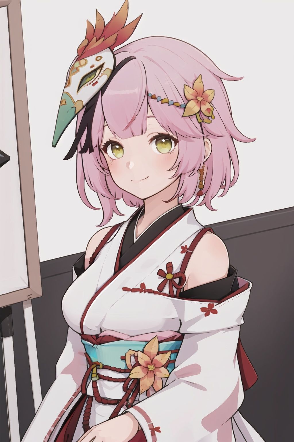 1girl, pink hair, mask, solo, green eyes, looking at viewer, mask on head, smile, japanese clothes, bangs, bare shoulders, hair ornament, breasts, yellow eyes, multicolored hair, flower, closed mouth,lanXF,
(masterpiece:1.2), best quality, masterpiece, highres, original,ultra-detailed, illustration,extremely detailed wallpaper, perfect lighting,(extremely detailed CG:1.2), drawing, paintbrush,