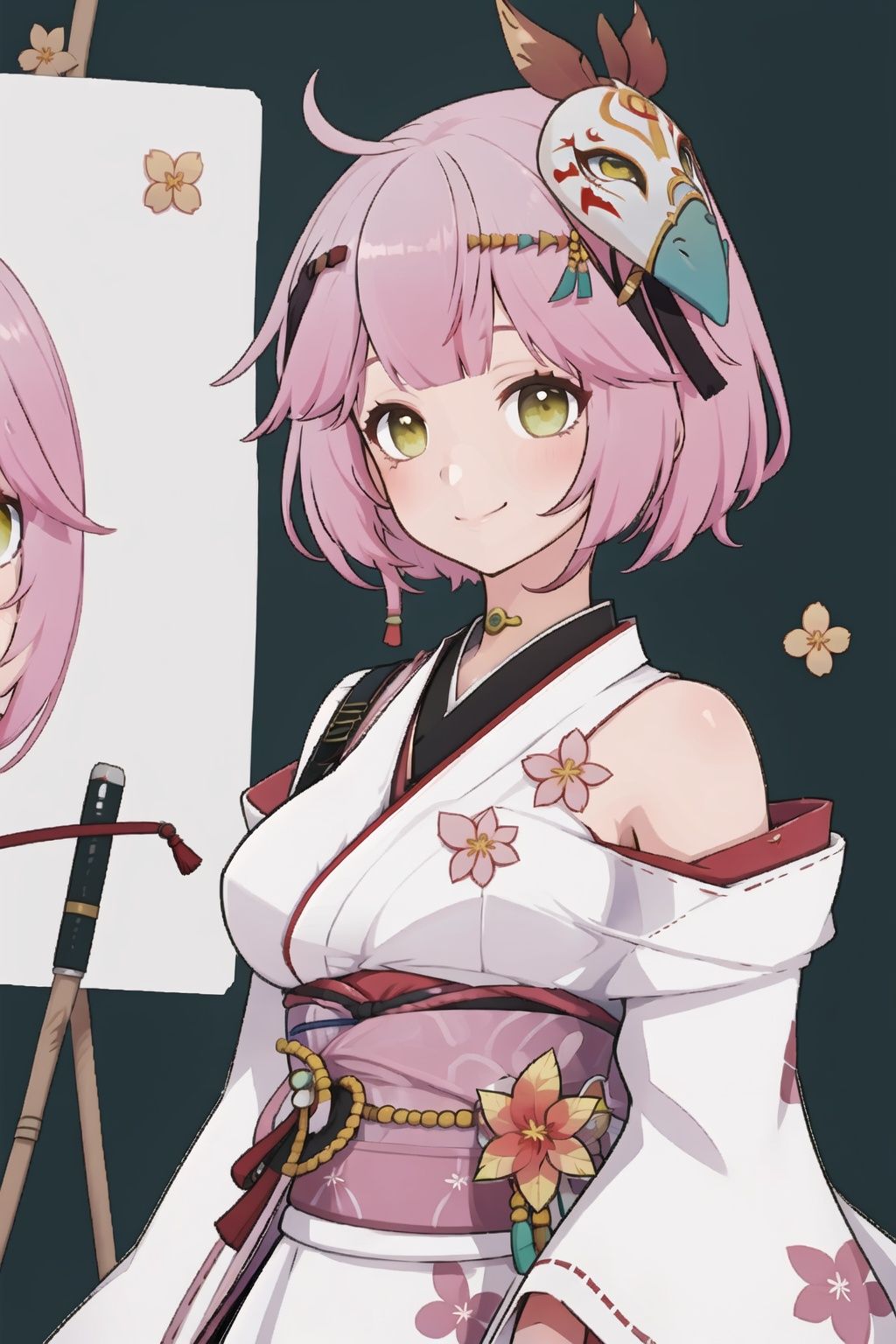 1girl, pink hair, mask, solo, green eyes, looking at viewer, mask on head, smile, japanese clothes, bangs, bare shoulders, hair ornament, breasts, yellow eyes, multicolored hair, flower, closed mouth,lanXF,
(masterpiece:1.2), best quality, masterpiece, highres, original,ultra-detailed, illustration,extremely detailed wallpaper, perfect lighting,(extremely detailed CG:1.2), drawing, paintbrush,