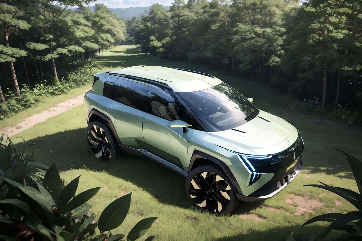 A futuristic autonomous vehicle is parked in a quiet forest,Facing the camera,reflecting the design aesthetics of the Red Dot Design Award. The car has a fashionable design, clear lines, and adopts advanced energy-saving systems. Surrounded by tall and lush green trees, it emphasizes the perfect integration of nature and machinery. The setting sun peeks through the dense leaves, casting long shadows that highlight the metallic luster of the car. The picture is a bird's-eye view composition.