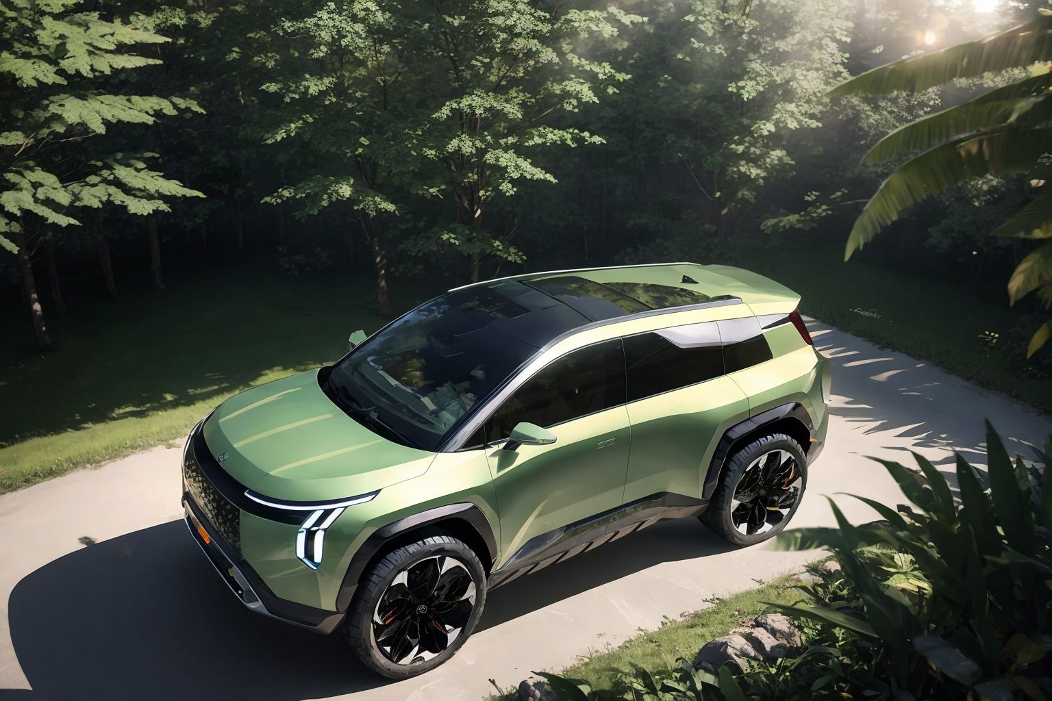 A futuristic autonomous vehicle is parked in a quiet forest,Facing the camera,reflecting the design aesthetics of the Red Dot Design Award. The car has a fashionable design, clear lines, and adopts advanced energy-saving systems. Surrounded by tall and lush green trees, it emphasizes the perfect integration of nature and machinery. The setting sun peeks through the dense leaves, casting long shadows that highlight the metallic luster of the car. The picture is a bird's-eye view composition.