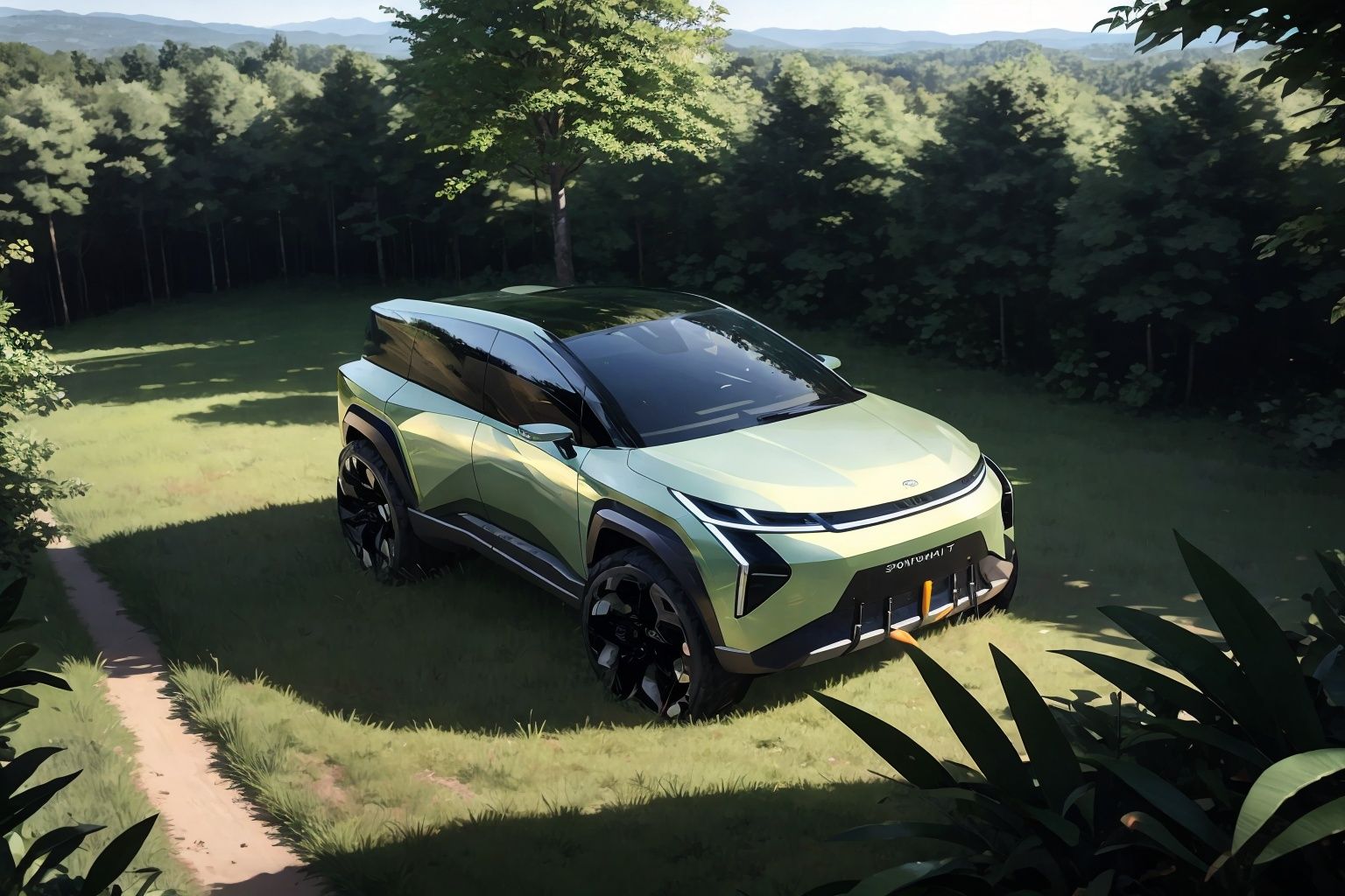 A futuristic autonomous vehicle is parked in a quiet forest,Facing the camera,reflecting the design aesthetics of the Red Dot Design Award. The car has a fashionable design, clear lines, and adopts advanced energy-saving systems. Surrounded by tall and lush green trees, it emphasizes the perfect integration of nature and machinery. The setting sun peeks through the dense leaves, casting long shadows that highlight the metallic luster of the car. The picture is a bird's-eye view composition.