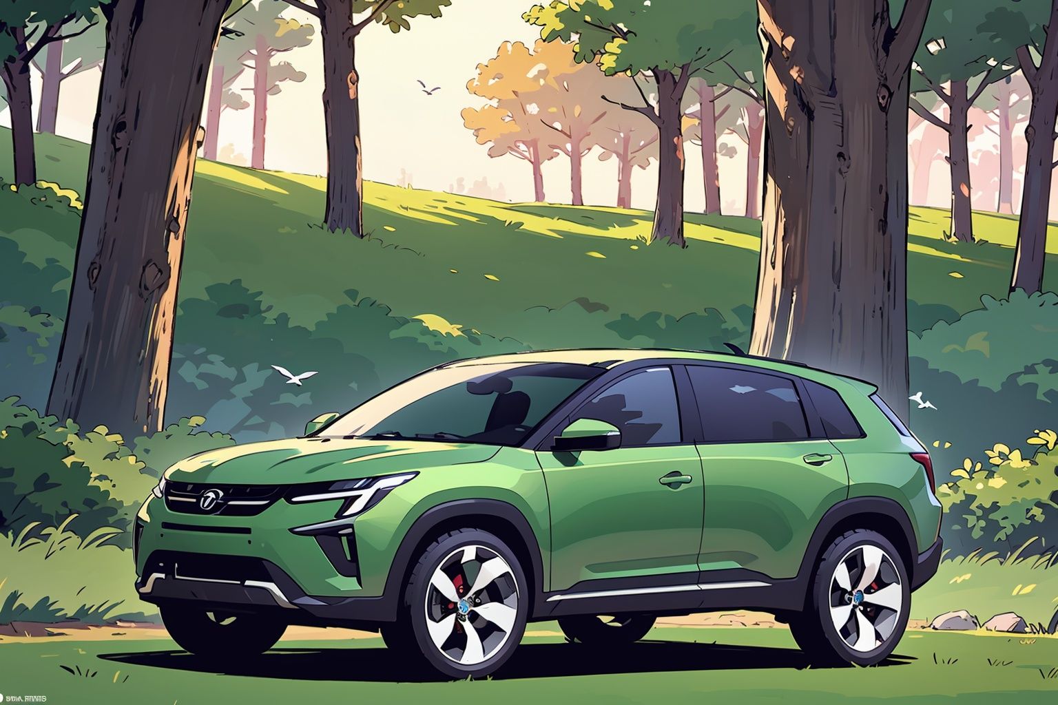 A futuristic autonomous vehicle is parked in a quiet forest, reflecting the design aesthetics of the Red Dot Design Award. The car has a fashionable design, clear lines, and adopts advanced energy-saving systems. Surrounded by tall and lush green trees, it emphasizes the perfect integration of nature and machinery. The setting sun peeks through the dense leaves, casting long shadows that highlight the metallic luster of the car. The picture is a bird's-eye view composition.