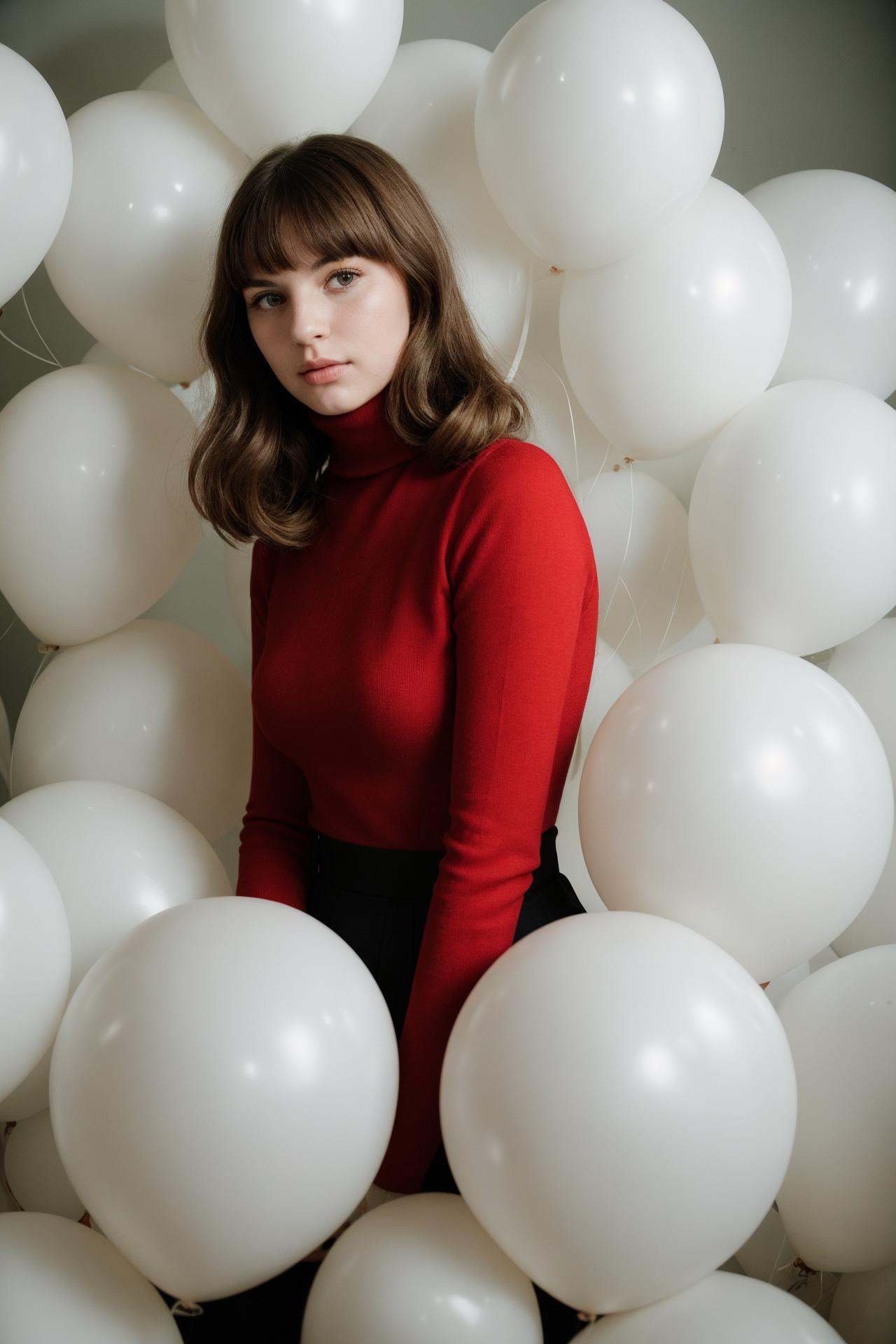 fashion portrait photo of beautiful young woman from the 60s wearing a red turtleneck standing in the middle of a ton of w...