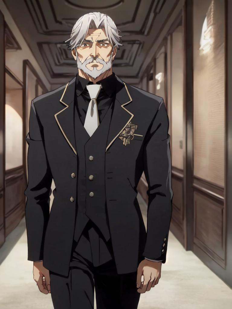 sebas 1boy 50yo old man,  hair_slicked silverglay hair glaybeard glay mustache glay facial hair curtained hair,  glay eyes...