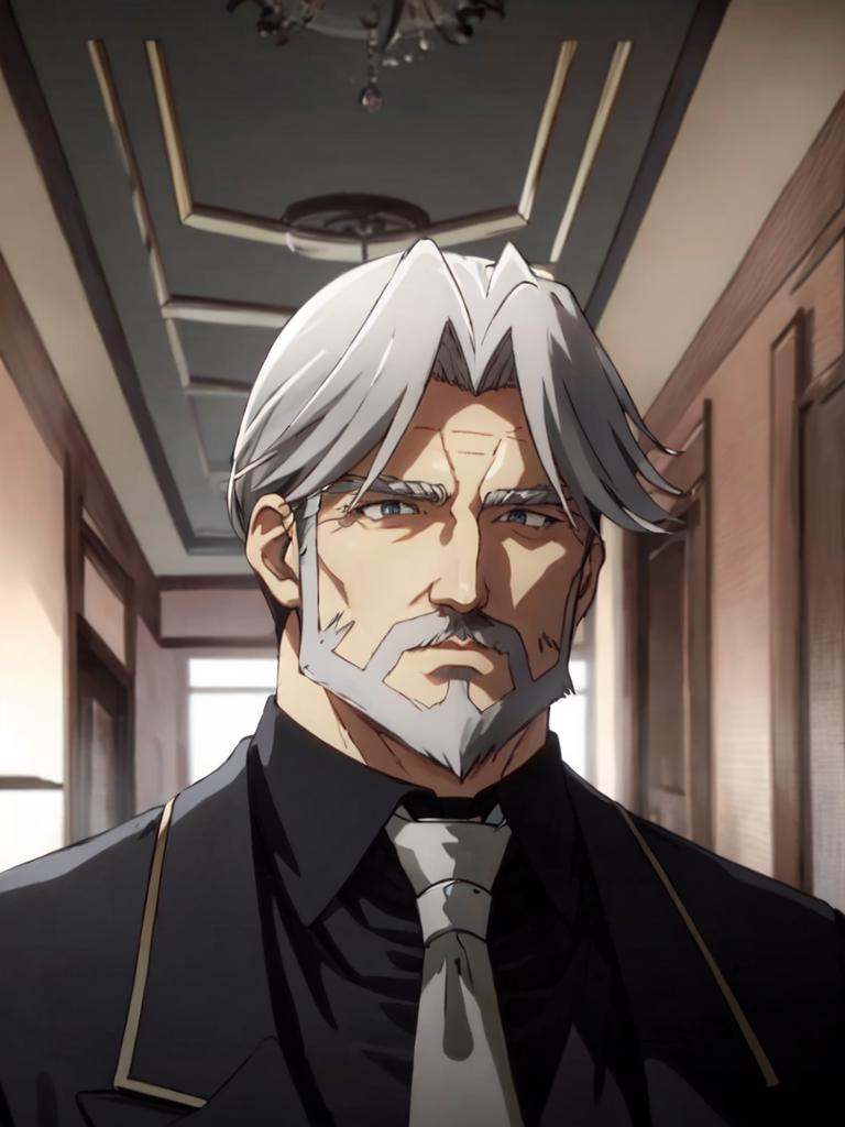 sebas 1boy 50yo old man,  hair_slicked silverglay hair glaybeard glay mustache glay facial hair curtained hair,  glay eyes...