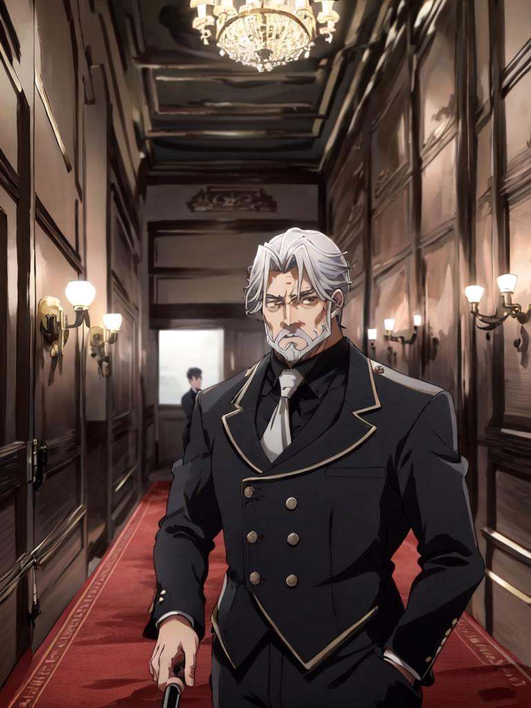 sebas 1boy 50yo old man,  hair_slicked silverglay hair glaybeard glay mustache glay facial hair curtained hair,  glay eyes...