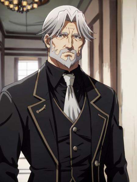 sebas 1boy 50yo old man,  hair_slicked silverglay hair glaybeard glay mustache glay facial hair curtained hair,  glay eyes...