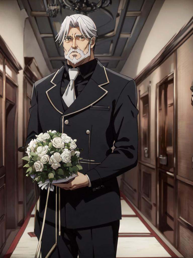 sebas 1boy 50yo old man,  hair_slicked silverglay hair glaybeard glay mustache glay facial hair curtained hair,  glay eyes...