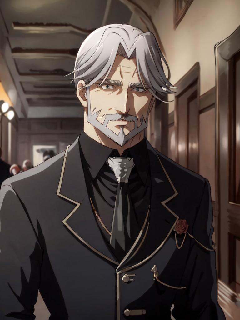 sebas 1boy 50yo old man,  hair_slicked silverglay hair glaybeard glay mustache glay facial hair curtained hair,  glay eyes...