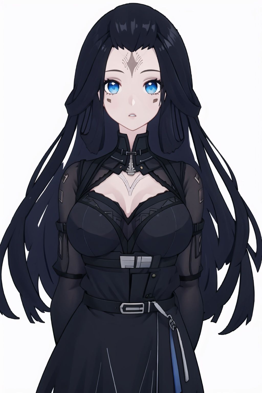
1girl, solo, blue eyes, black hair, breasts, long hair,  looking at viewer, facial mark, parted lips, belt, large breasts,black dress,nanyinXF,
(masterpiece:1.2), best quality, masterpiece, highres, original,ultra-detailed, illustration,extremely detailed wallpaper, perfect lighting,(extremely detailed CG:1.2), drawing, paintbrush,