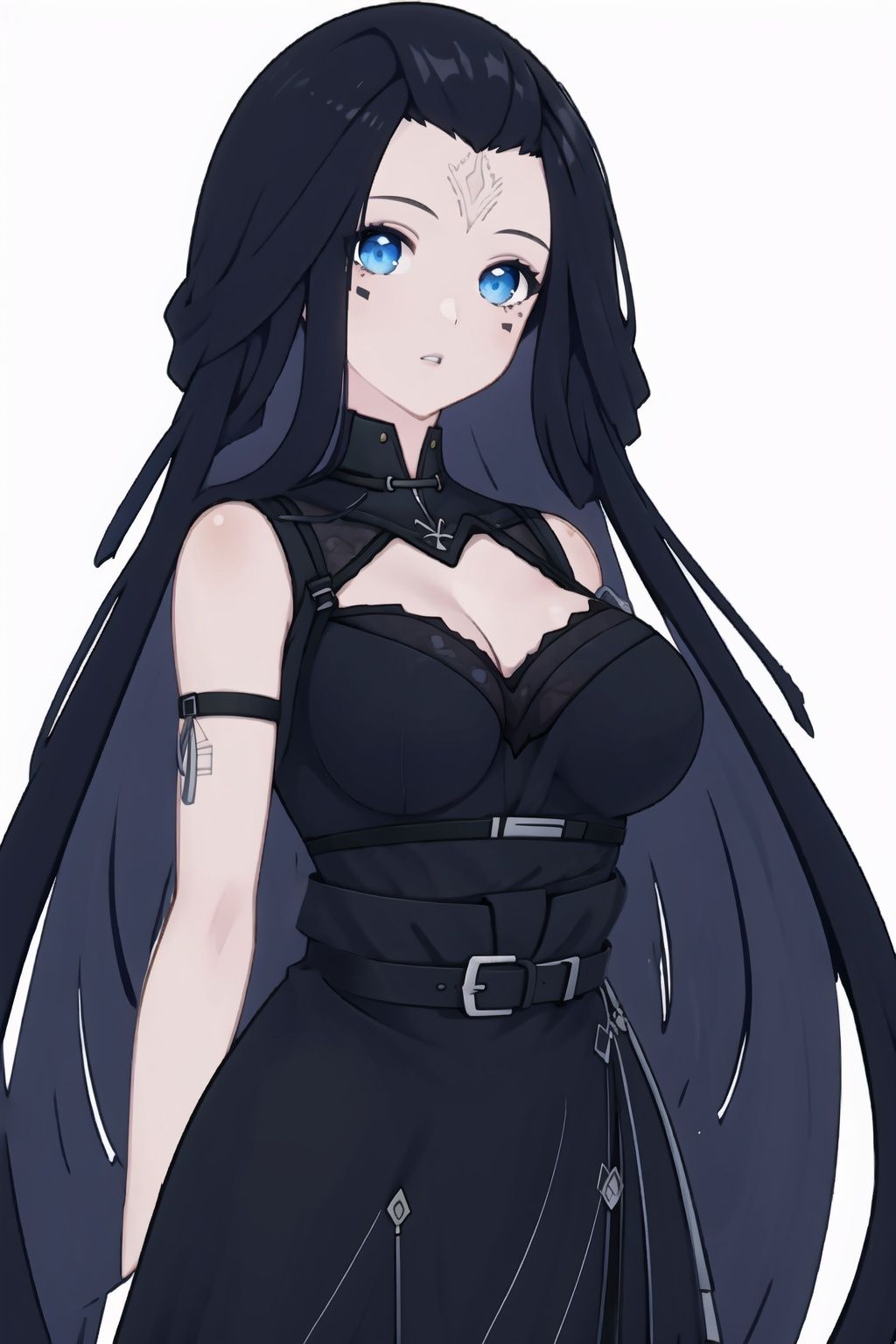 
1girl, solo, blue eyes, black hair, breasts, long hair,  looking at viewer, facial mark, parted lips, belt, large breasts,black dress,nanyinXF,
(masterpiece:1.2), best quality, masterpiece, highres, original,ultra-detailed, illustration,extremely detailed wallpaper, perfect lighting,(extremely detailed CG:1.2), drawing, paintbrush,