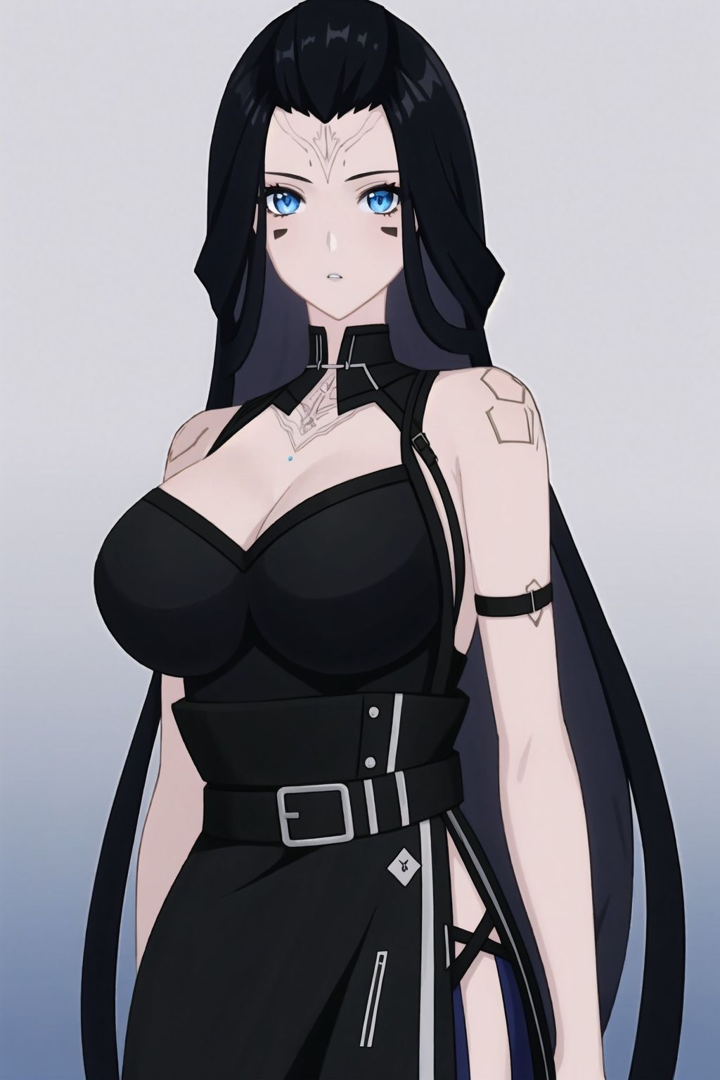 
1girl, solo, blue eyes, black hair, breasts, long hair,  looking at viewer, facial mark, parted lips, belt, large breasts,black dress,nanyinXF,
(masterpiece:1.2), best quality, masterpiece, highres, original,ultra-detailed, illustration,extremely detailed wallpaper, perfect lighting,(extremely detailed CG:1.2), drawing, paintbrush,