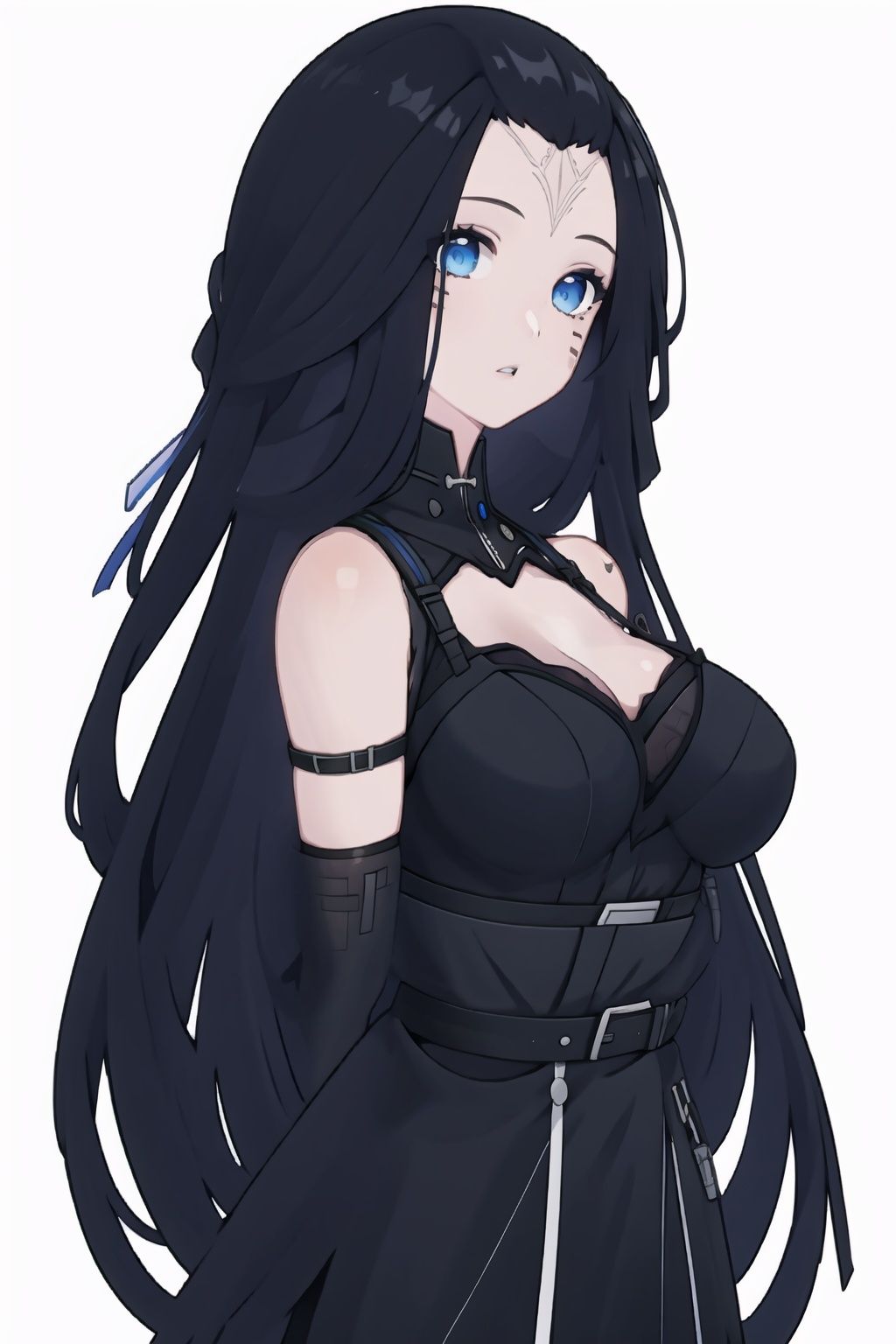 
1girl, solo, blue eyes, black hair, breasts, long hair,  looking at viewer, facial mark, parted lips, belt, large breasts,black dress,nanyinXF,
(masterpiece:1.2), best quality, masterpiece, highres, original,ultra-detailed, illustration,extremely detailed wallpaper, perfect lighting,(extremely detailed CG:1.2), drawing, paintbrush,