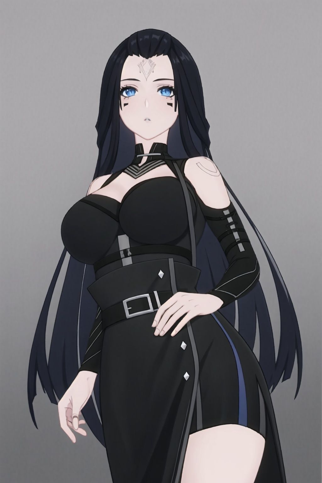 
1girl, solo, blue eyes, black hair, breasts, long hair,  looking at viewer, facial mark, parted lips, belt, large breasts,black dress,nanyinXF,
(masterpiece:1.2), best quality, masterpiece, highres, original,ultra-detailed, illustration,extremely detailed wallpaper, perfect lighting,(extremely detailed CG:1.2), drawing, paintbrush,