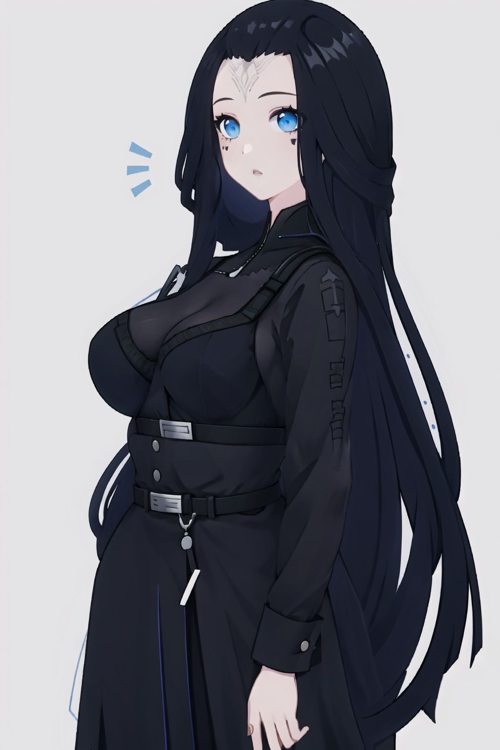 
1girl, solo, blue eyes, black hair, breasts, long hair,  looking at viewer, facial mark, parted lips, belt, large breasts,black dress,nanyinXF,
(masterpiece:1.2), best quality, masterpiece, highres, original,ultra-detailed, illustration,extremely detailed wallpaper, perfect lighting,(extremely detailed CG:1.2), drawing, paintbrush,
