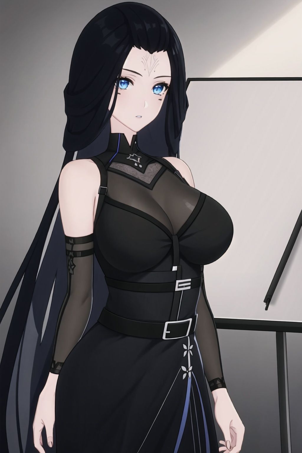 
1girl, solo, blue eyes, black hair, breasts, long hair,  looking at viewer, facial mark, parted lips, belt, large breasts,black dress,nanyinXF,
(masterpiece:1.2), best quality, masterpiece, highres, original,ultra-detailed, illustration,extremely detailed wallpaper, perfect lighting,(extremely detailed CG:1.2), drawing, paintbrush,