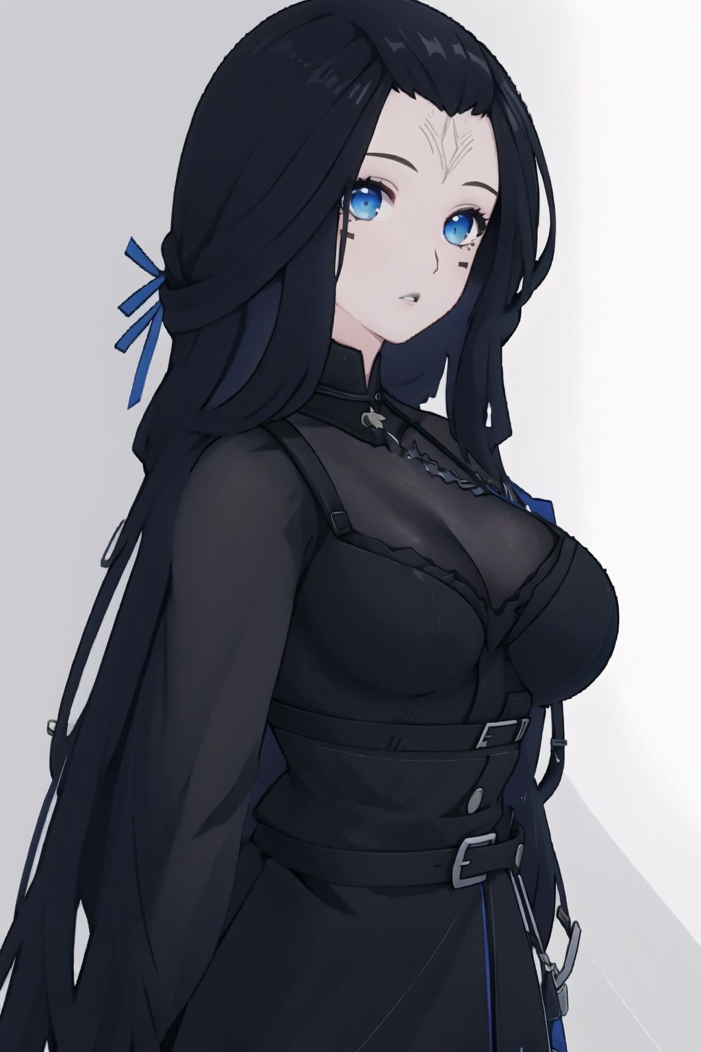 
1girl, solo, blue eyes, black hair, breasts, long hair,  looking at viewer, facial mark, parted lips, belt, large breasts,black dress,nanyinXF,
(masterpiece:1.2), best quality, masterpiece, highres, original,ultra-detailed, illustration,extremely detailed wallpaper, perfect lighting,(extremely detailed CG:1.2), drawing, paintbrush,